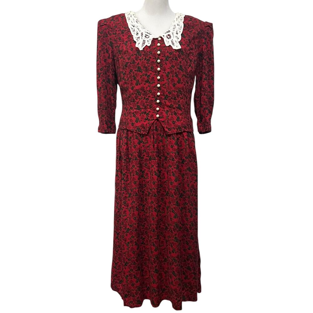 Sarah Richards Vintage Red Floral Dress Sz 18 Crochet Lace Pearly Buttons Long